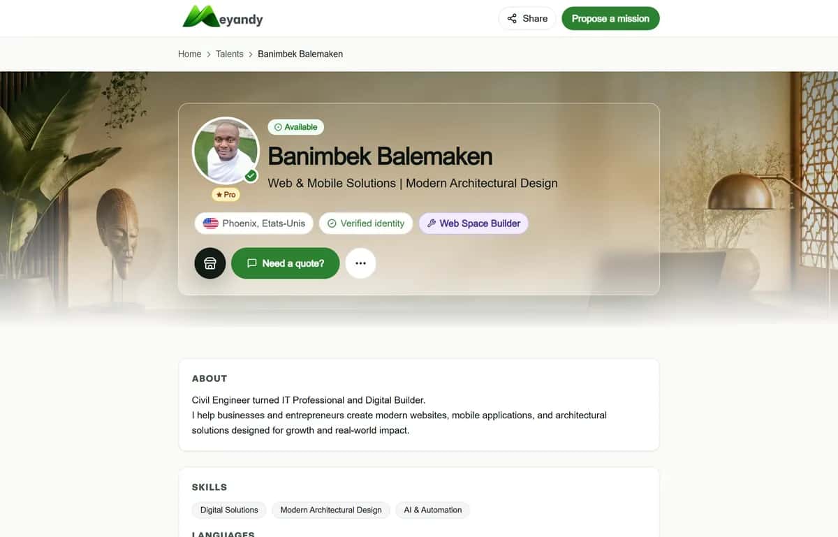 Professional profile with verified identity on Meyandy