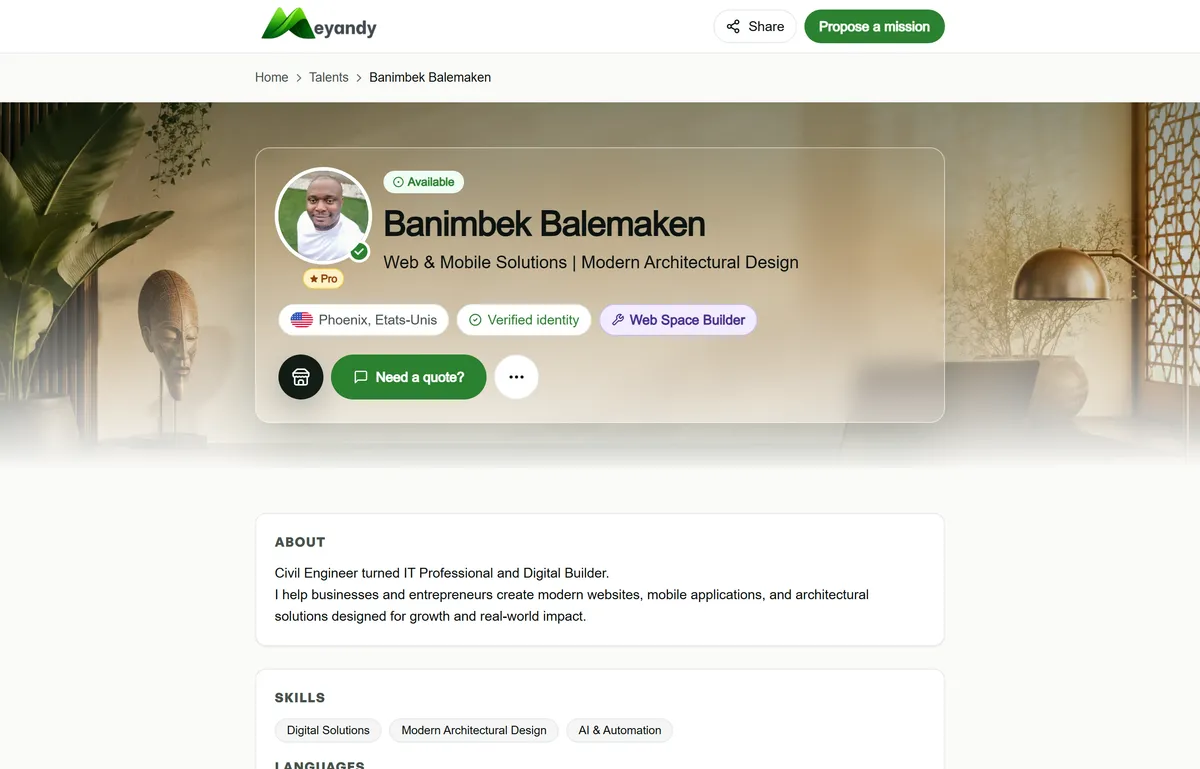 Professional profile with verified identity on Meyandy